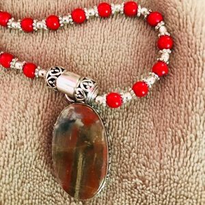 NEW RED JASPER CORAL 925 Silver Beaded Necklace